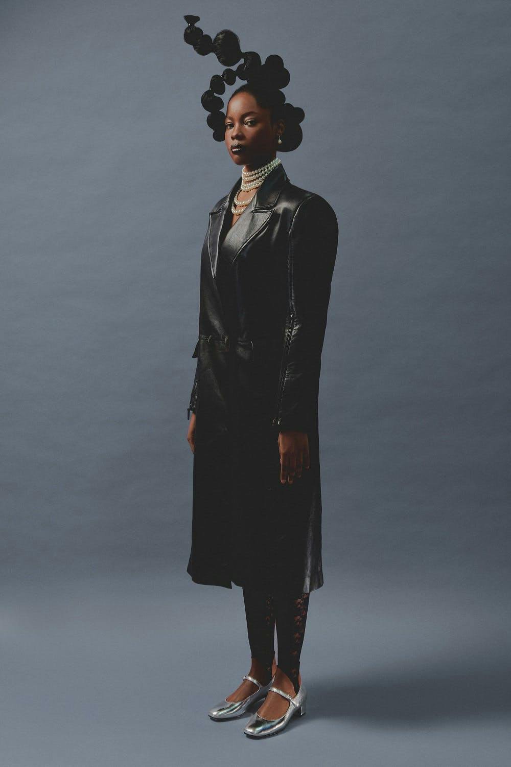 long sleeve person standing head portrait lady dress coat suit shoe