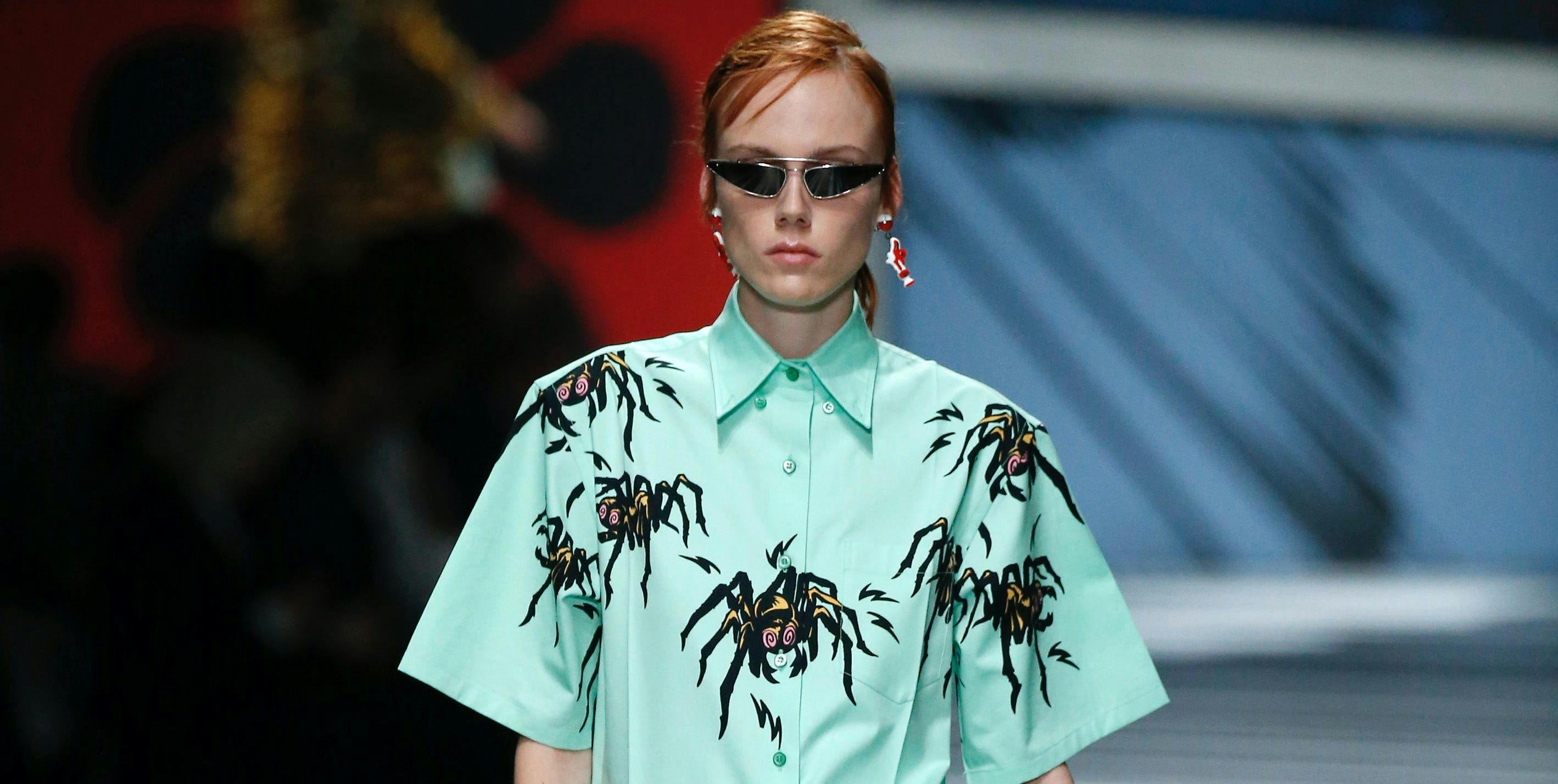 prada ready to wear spring summer 2018 milan fashion week september2017 clothing apparel sleeve person human shirt sunglasses accessories long sleeve blouse
