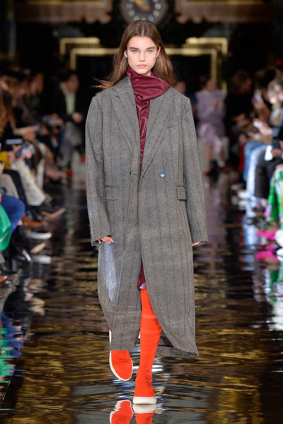 clothing apparel person human overcoat coat sleeve runway fashion