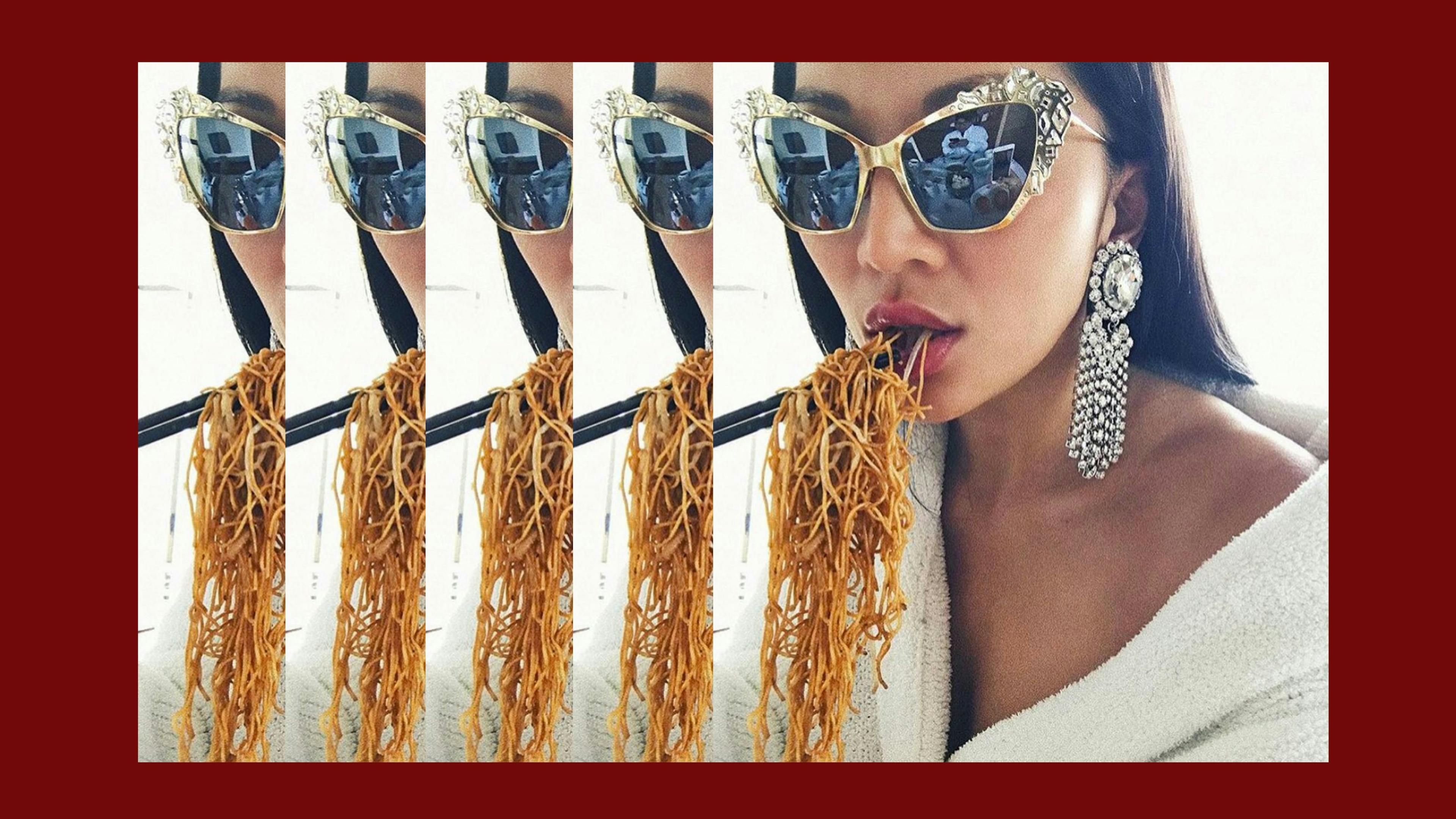 noodle food pasta person human sunglasses accessories accessory