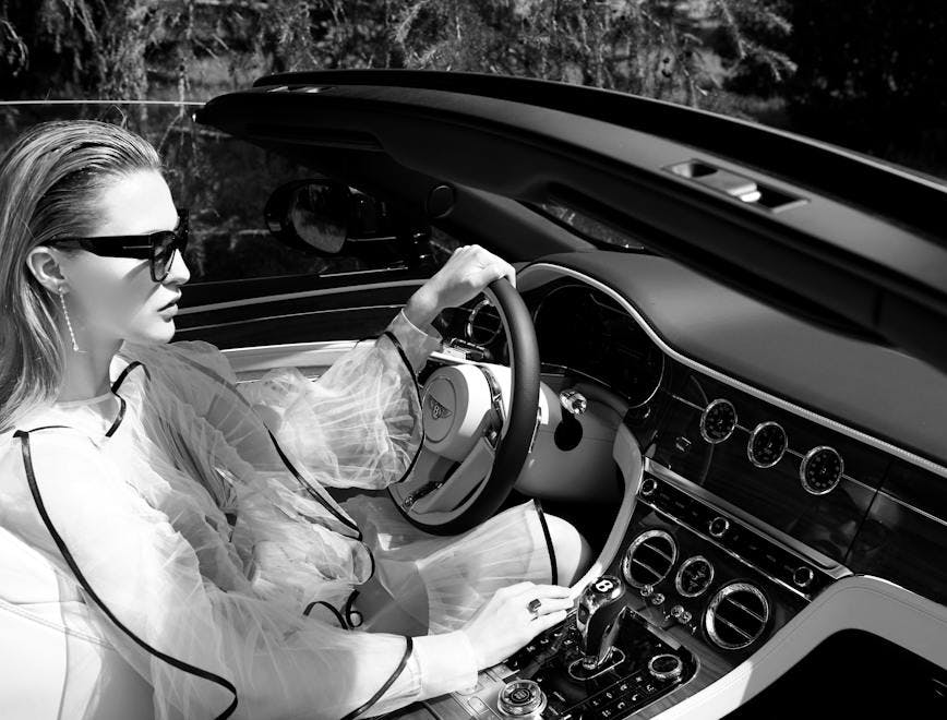 person human car automobile transportation vehicle sunglasses accessories accessory convertible