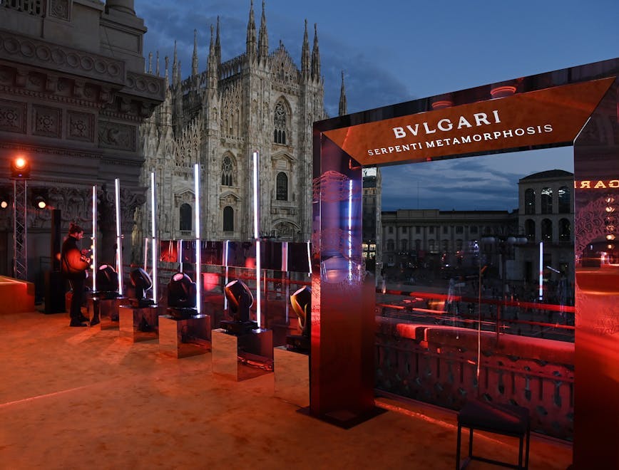 arts culture and entertainment fashion bulgari party - social event milan celebrities influencer person metropolis building city urban architecture downtown spire tower flooring