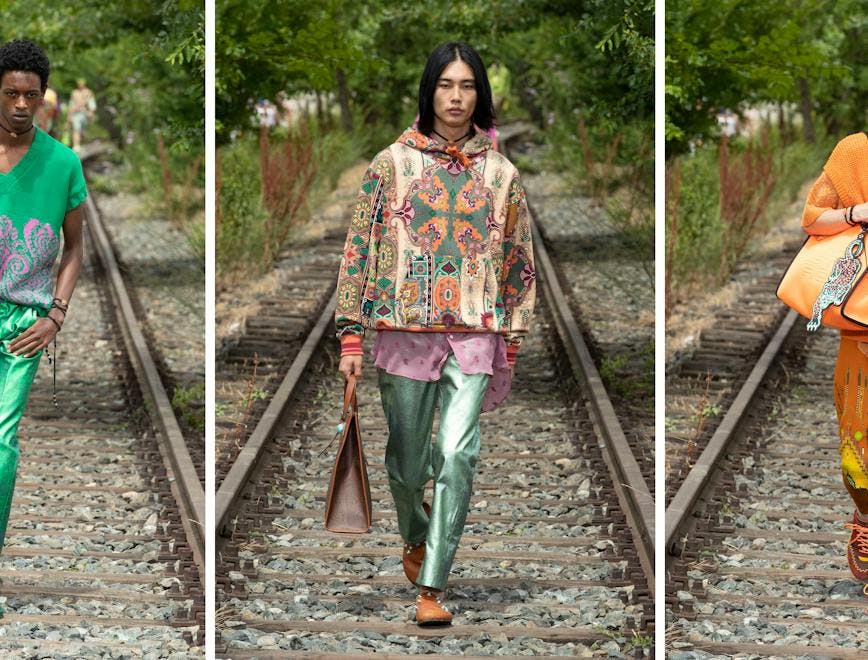 clothing apparel person human railway transportation gravel road fashion cloak