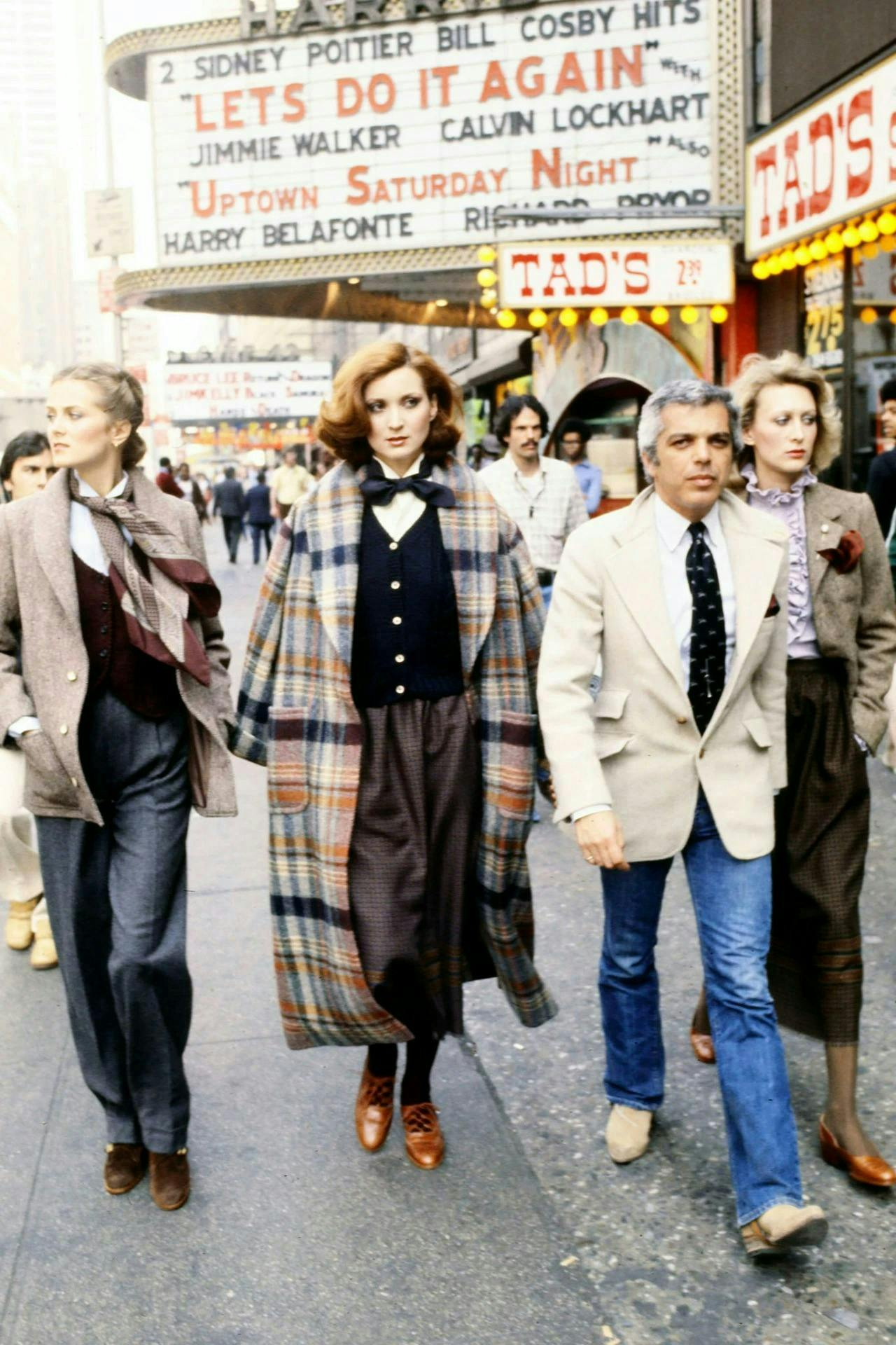 Designer Ralp Lauren and model in Times Square, 1977. Photo: Fairchild Archive