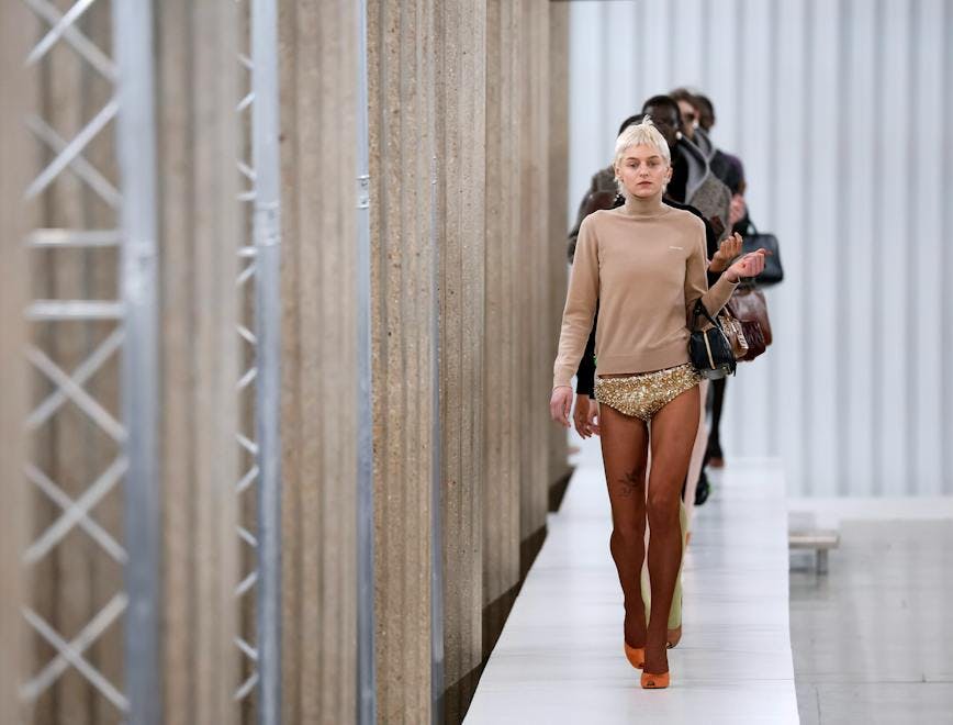 paris adult female person woman fashion long sleeve sleeve bag handbag shorts