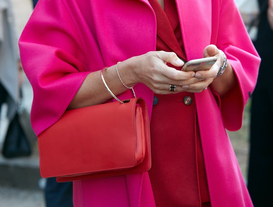 pink,smartphone,week,woman,ring,show,bag,milan,vivid,red,fuchsia,outfit,street,elegant,italy,milan fashion week,look,people,leather,outdoor,stylish,coat,luisa beccaria,luxury,style,accessory,colorful,photography,fashion clothing coat accessories bag handbag electronics mobile phone phone purse overcoat