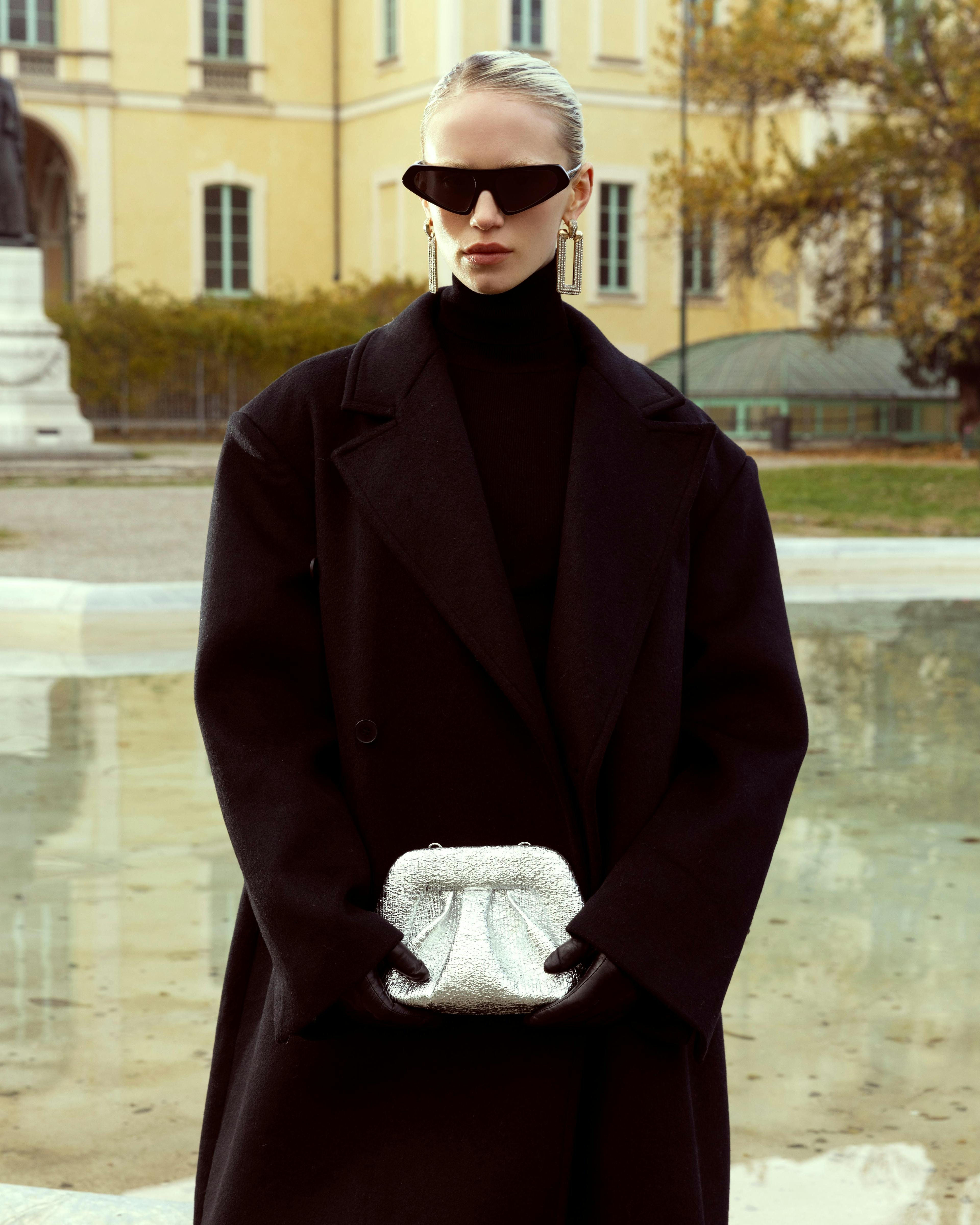 clothing coat overcoat accessories bag handbag sunglasses